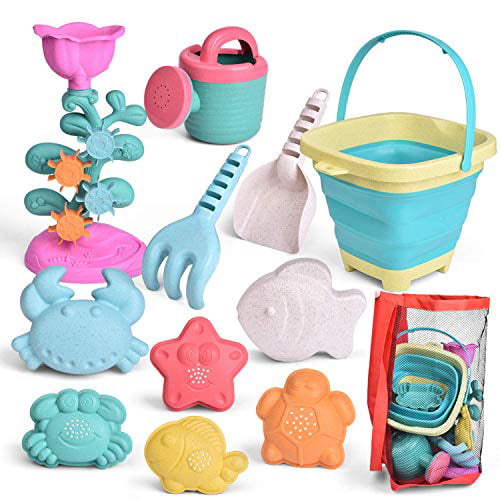 Fun Little Toys 12 Piece Outdoor Beach Sand Toy Set, Foldable Beach Bucket, Watering Can, Kids