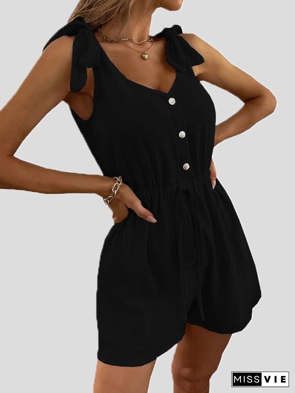 Women'S Jumpsuits Solid V-Neck Button Belted Jumpsuit