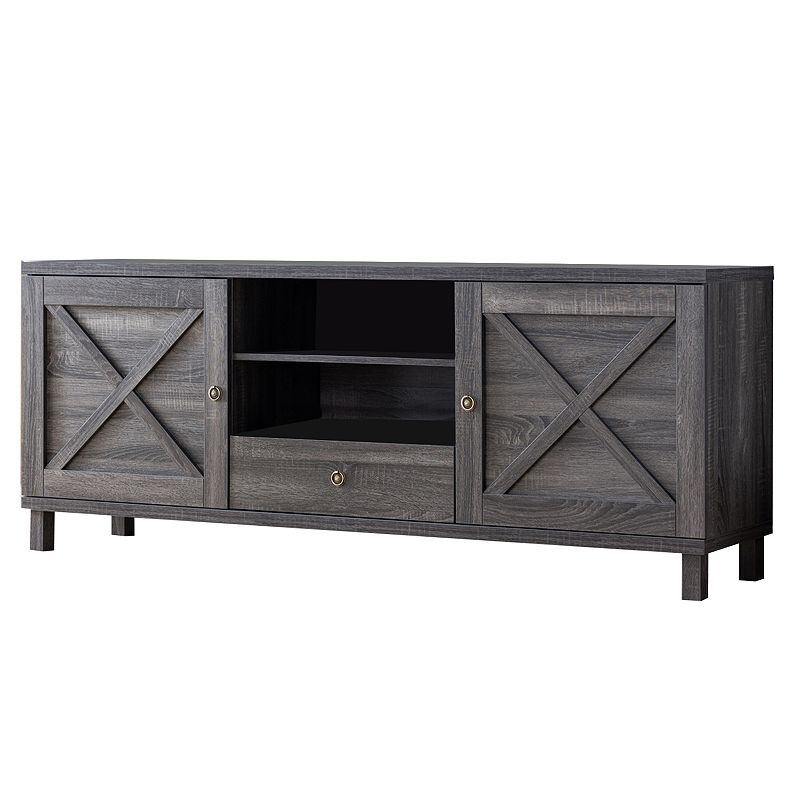 Transitional Wooden TV Stand with Two Side Door Cabinets and Spacious Storage， Gray