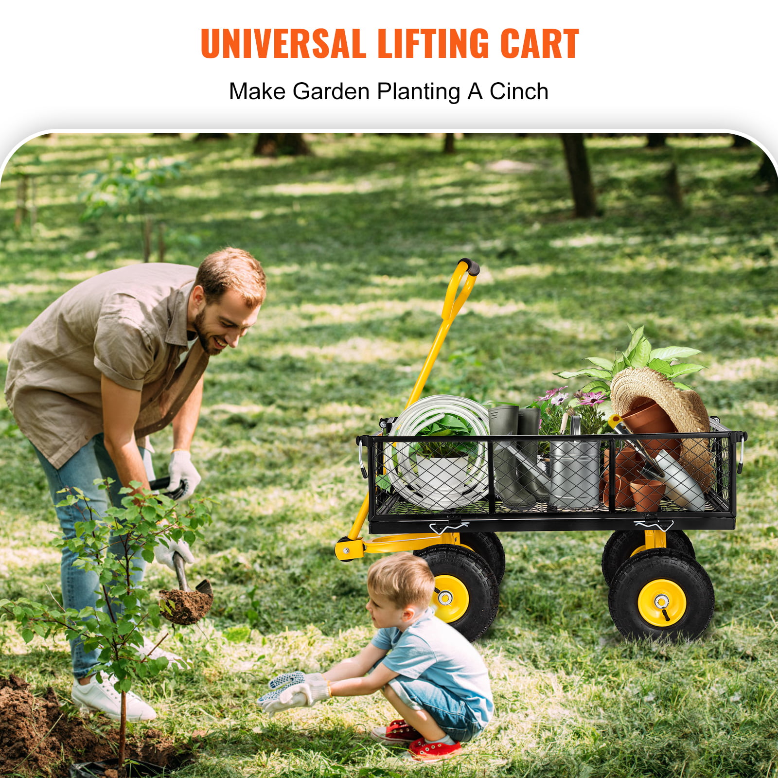 BENTISIM Steel Garden Cart， Heavy Duty 900 lbs Capacity， with Removable Mesh Sides to Convert into Flatbed， Utility Metal Wagon with 180° Rotating Handle and 10 in Tires， Perfect for Garden， Farm， Yar