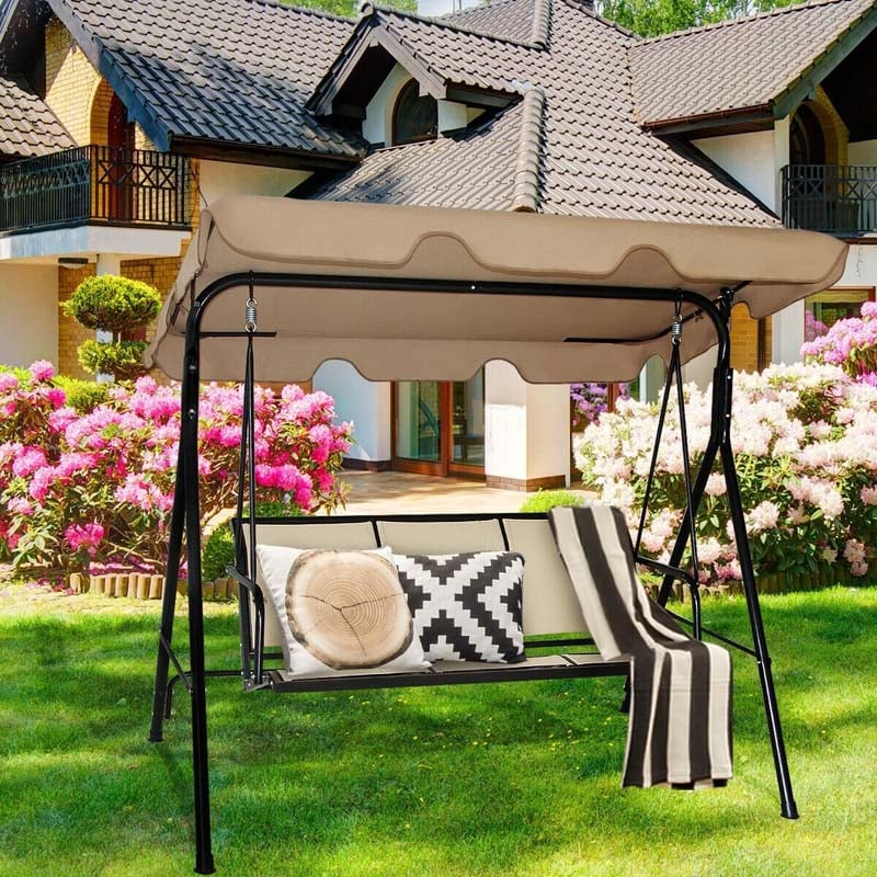 3-Person Metal Outdoor Patio Porch Swing Lounge Chair Bench Glider with Adjustable Canopy