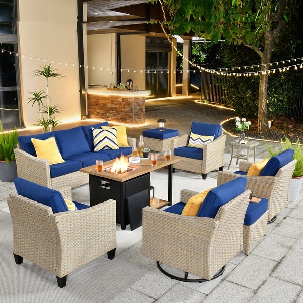 HOOOWOOO Outdoor Patio 9piece Wicker Rattan Furniture Set with Fire Pit Table