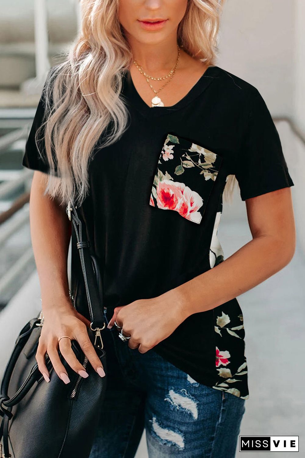 Black Women's Casual Floral Printed Splicing Pullover Pocket T-shirt