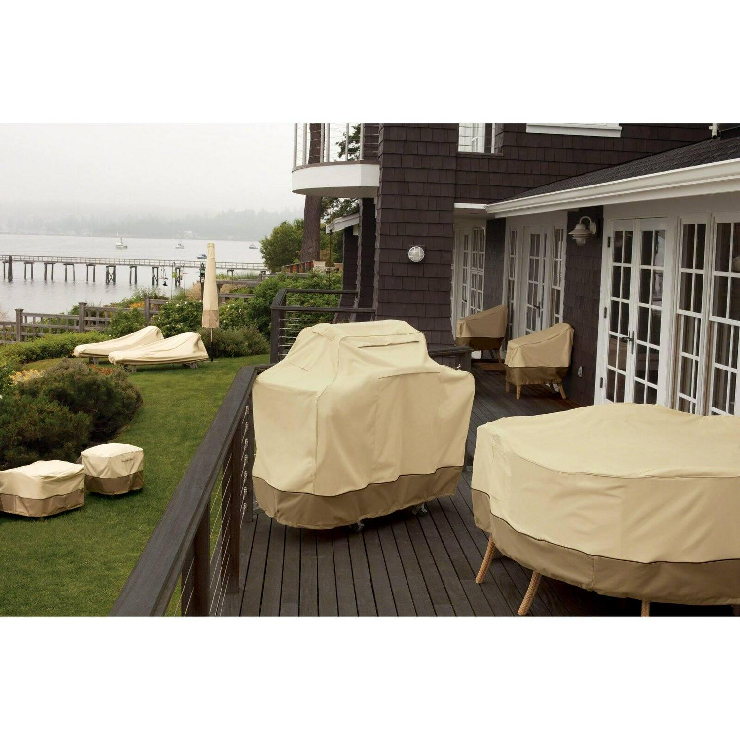 Classic Accessories Veranda Water-Resistant 66 Inch Square Patio Table and Chair Set Cover with Umbrella Hole