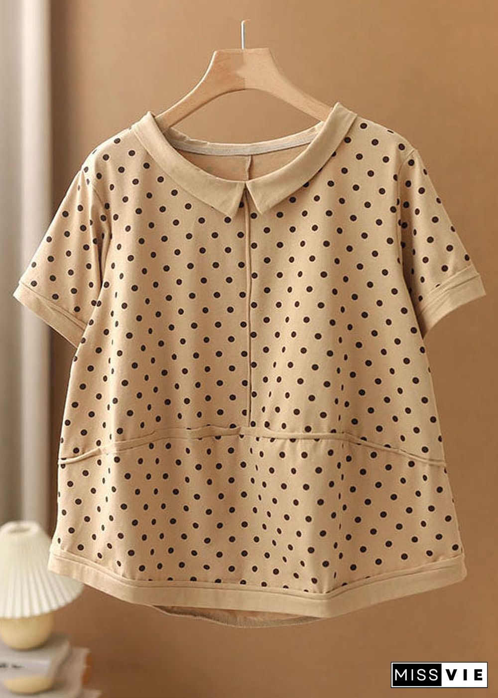 Beautiful Apricot Turn-down Collar Patchwork Dot Print Cotton Shirts Short Sleeve