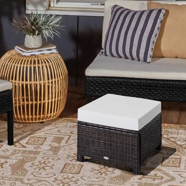 Outdoor Ottoman Pe Plastic Rattan Wicker Fade resistant Patio Footrest With Soft Cushion Steel Frame