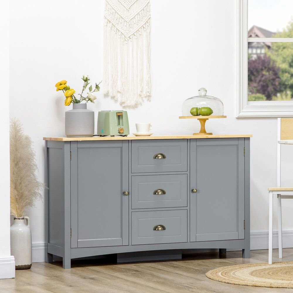 HOMCOM Sideboard Buffet Cabinet  Retro Kitchen Cabinet  Coffee Bar Cabinet with Rubber Wood Top  Drawers  Entryway  Gray