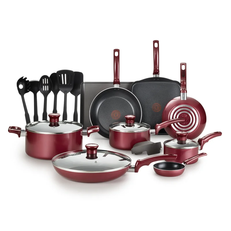 T-fal Essentials Nonstick Aluminum 20 Piece Cookware Set and Cooking Utensils， Red