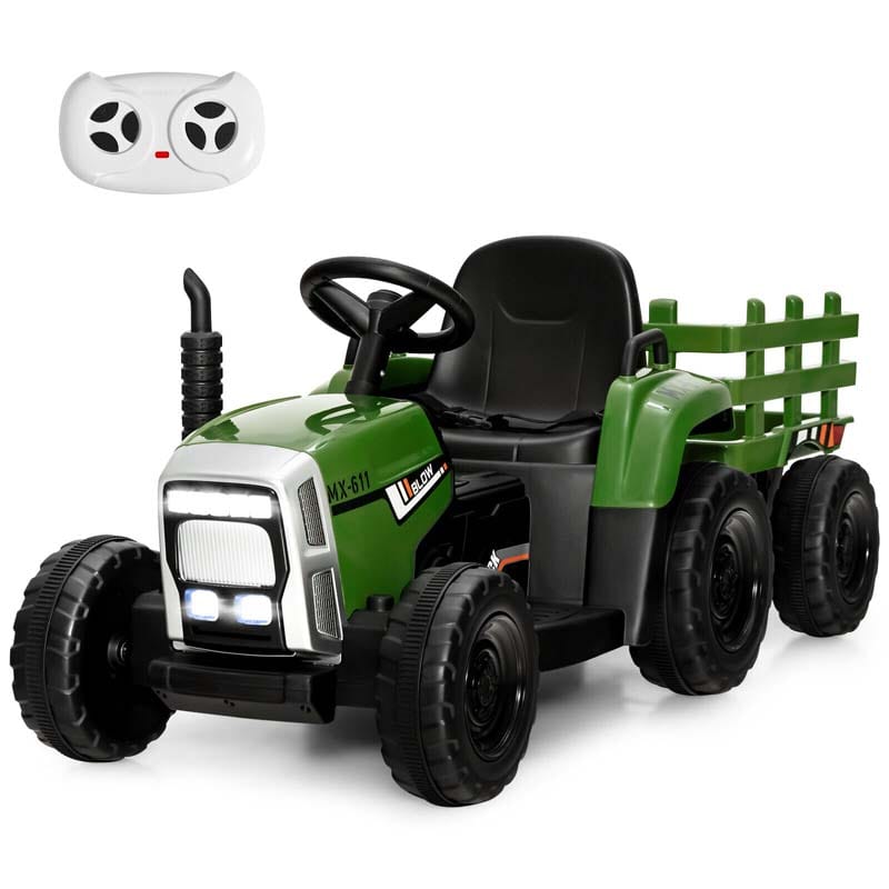 Kids Ride on Tractor w/Trailer 12V Battery Powered Electric Riding Toy Car Vehicle with 3-Gear-Shift Ground Loader