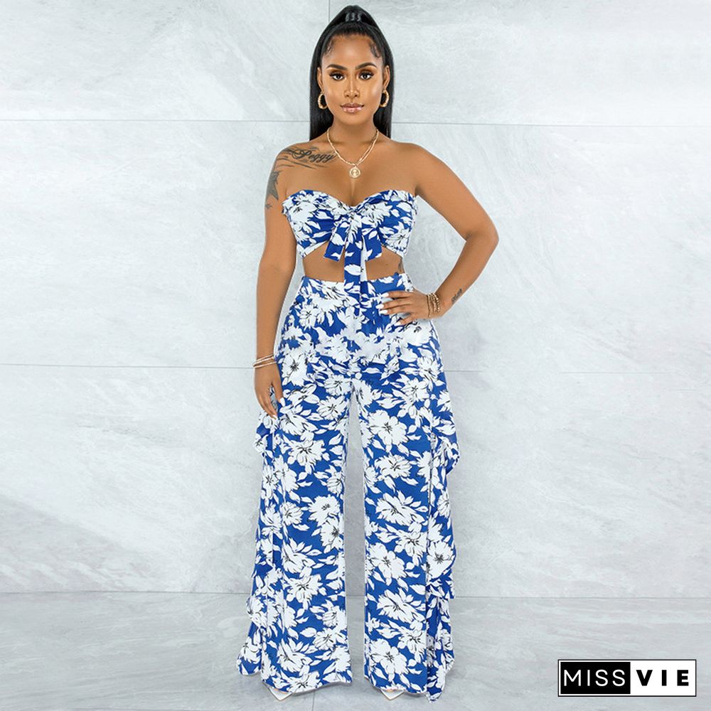 Sexy Women Printed Boho Bow Lace Up Crop Tops High Waist Side Ruffled Wide Leg Pants 2 Piece Set