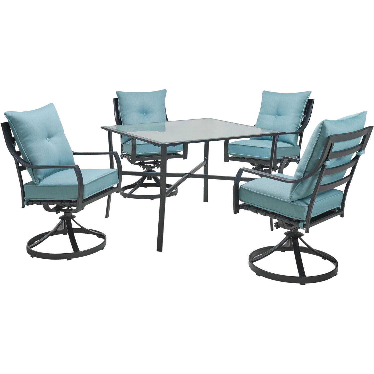 Hanover Lavallette 5-Piece Modern Outdoor Dining Set | 4 UV Protected Cushioned Swivel Rocker Chairs | 42'' Square Glass-Top Table | Weather Resistant Frame | Ocean Blue | LAVDN5PCSW-BLU