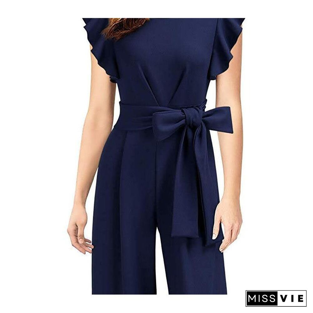 Wide Leg One-piece Pants European and American Women's Dress Ruffle Sleeve Bandage Casual One-piece Pants