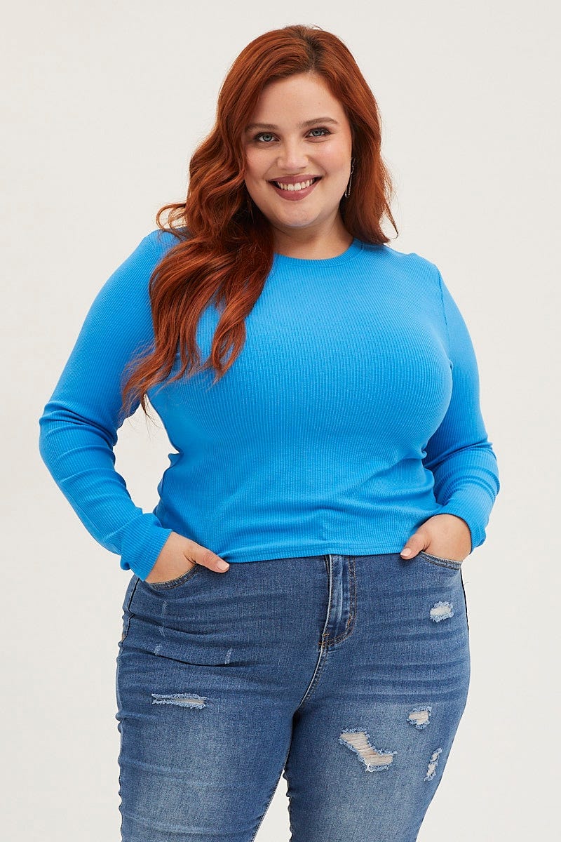 Blue T-shirt Crew Neck Long Sleeve Rib Semi Crop