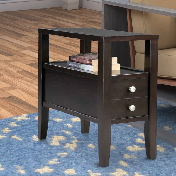 Wooden End Table with Upper Shelf and 2 Drawers， Dark Brown