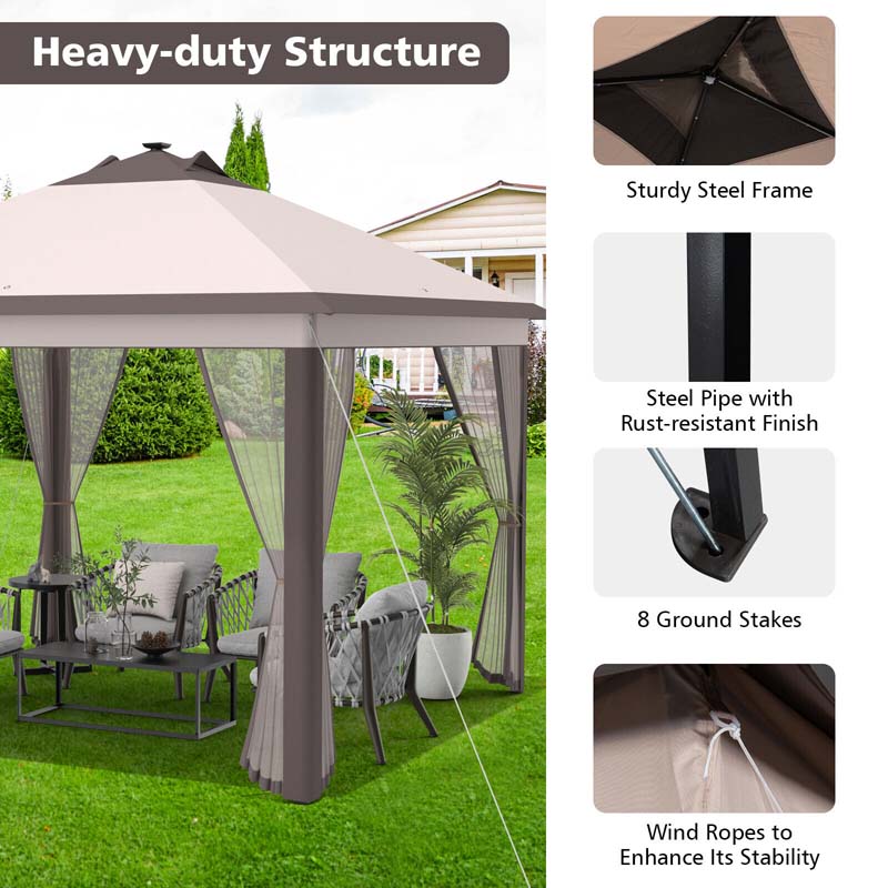 11 x 11 FT Pop-Up Gazebo Tent Portable Canopy Shelter with Carry Bag & Mesh Netting & LED Lights