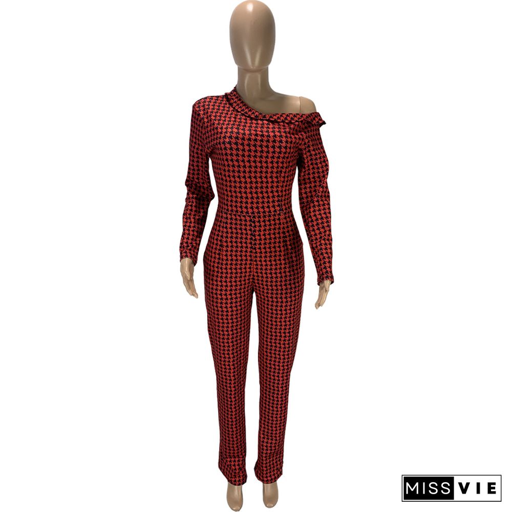 Hot Sale Plaid Print Long Sleeve Slant Shoulder Loose Jumpsuit