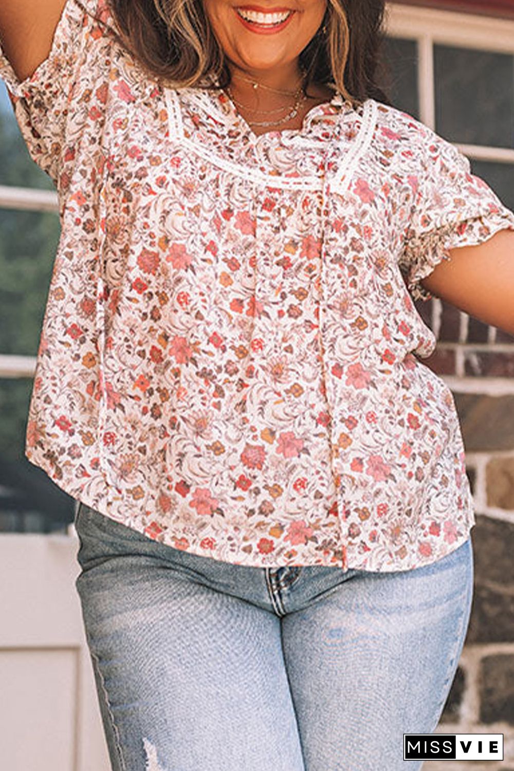 Pink Split Neck Floral Print Plus Size Top