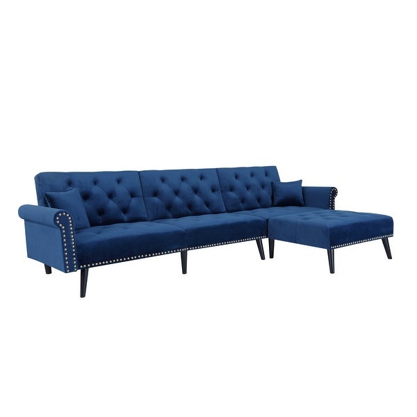 3 Seating Couches Reversible Sectional Sofa Sleeper Blue Velvet Upholstered Chaise