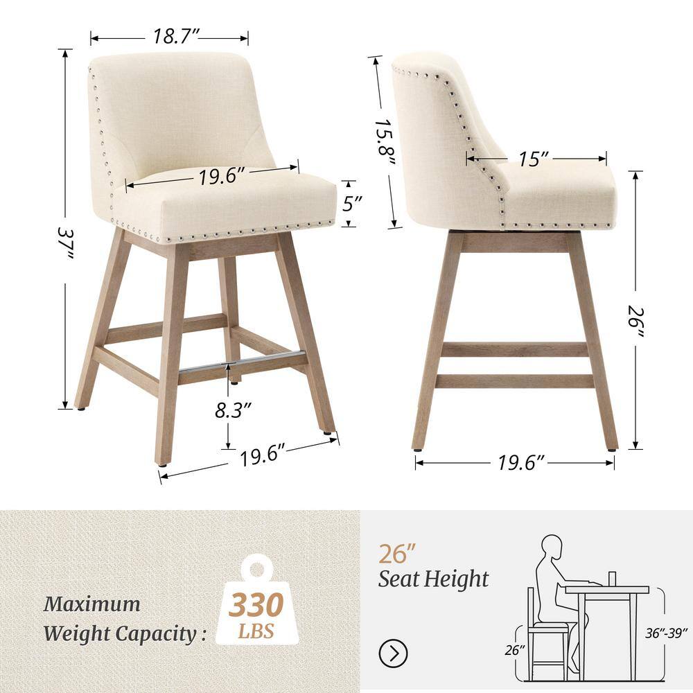 LUE BONA 26 in. Wood 360 Free Swivel Upholstered Bar Stool with Back Performance Fabric in Beige.(Set of 2) DPTHD23008-15