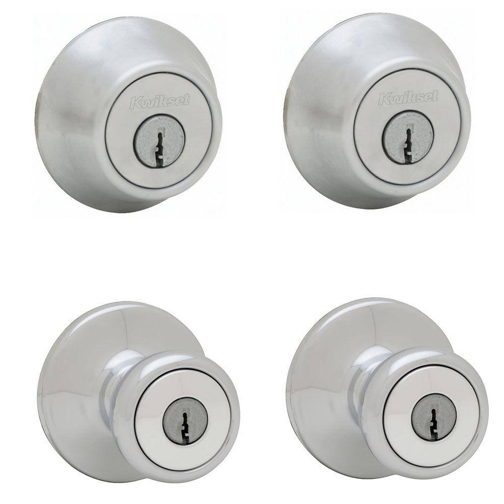 Kwikset Tylo Satin Chrome Exterior Entry Door Knob and Single Cylinder Deadbolt Project Pack 92420-036