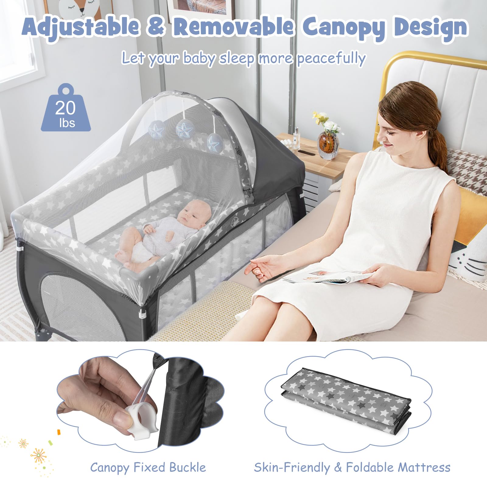 BABY JOY 4 in 1 Pack and Play, Portable Baby Playard with Bassinet