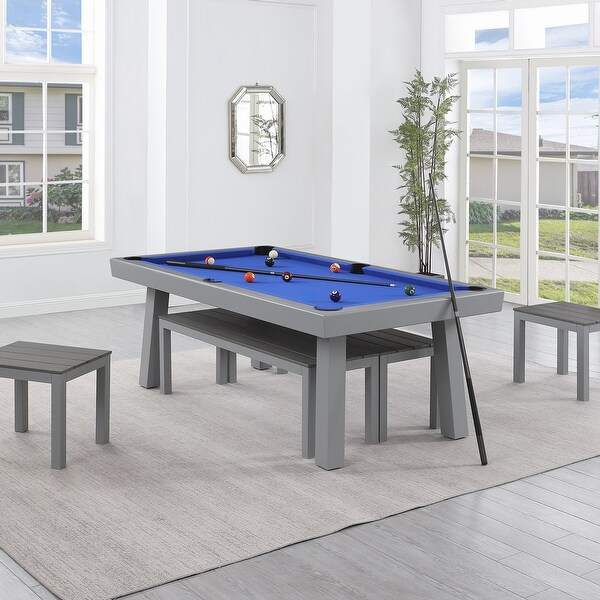 Newport Outdoor Patio 7ft Slate Pool Table 6Seater Dining Set with 4 Benches and Accessories，Cement Finish