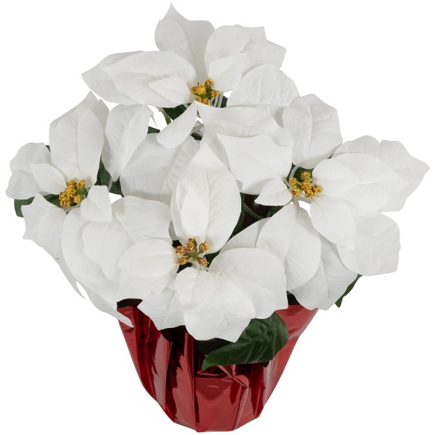 White Artificial Christmas Poinsettia With Red Wrapped Base