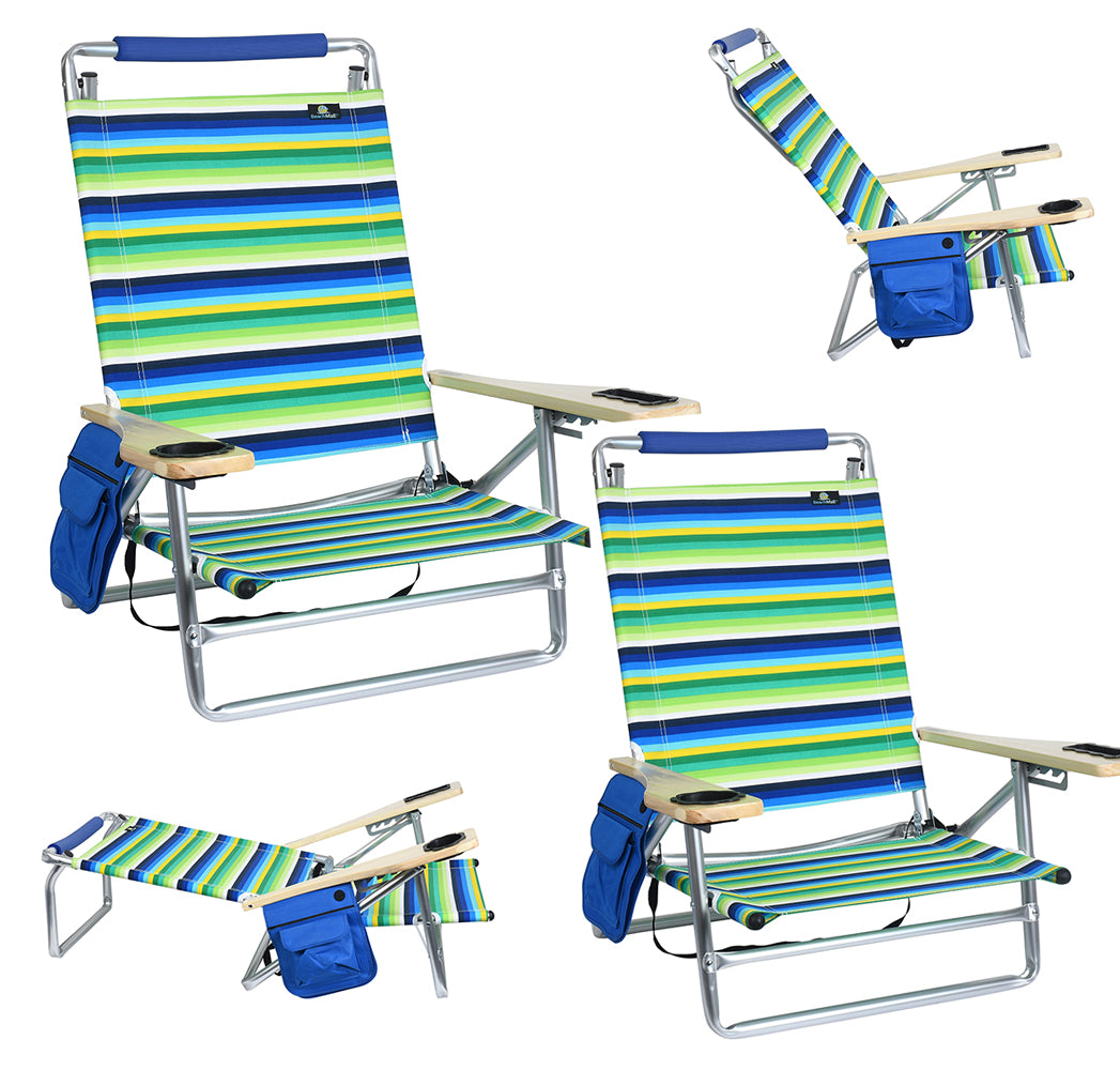 Deluxe Reclining 5 Positions Lay Flat Aluminum Folding Sand Beach Chairs for Adults with Cup Holder - 2 Pack