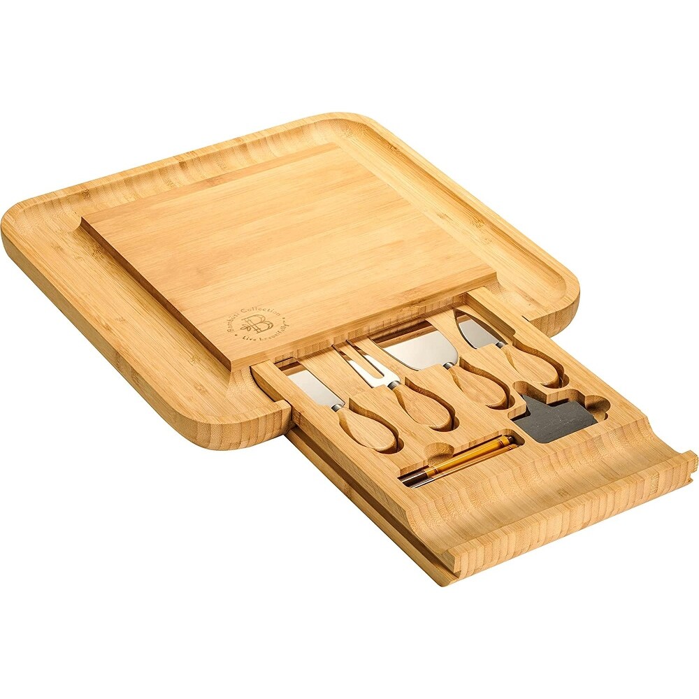 Bamboo Cheese Board   Cutlery Set with 4 Knives in Slide out Drawer   13.5\