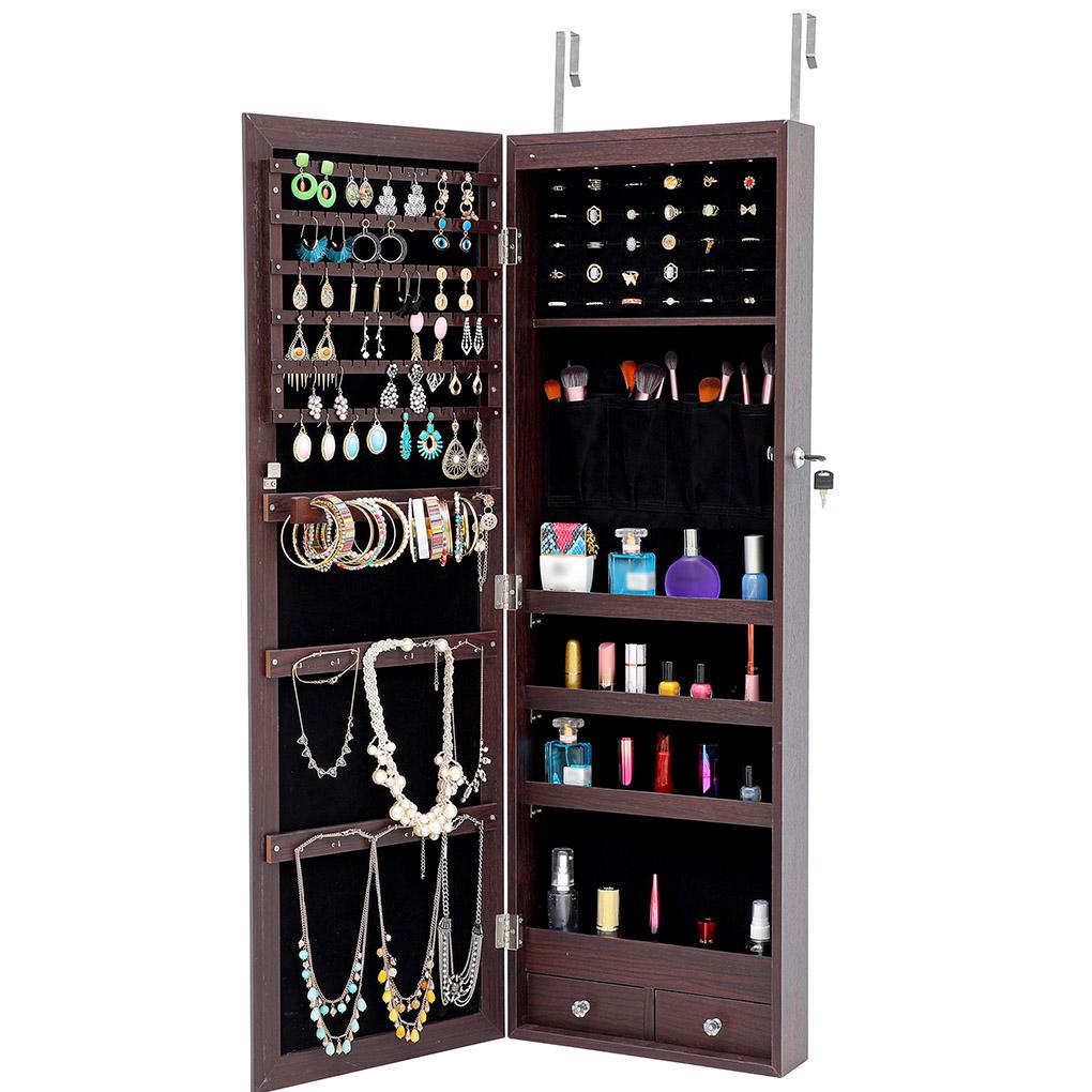 Cabinet Wooden with Mirror LED Lights Wall and Door Hung Lockable Jewelry Organizer Cupboard for Home， Brown