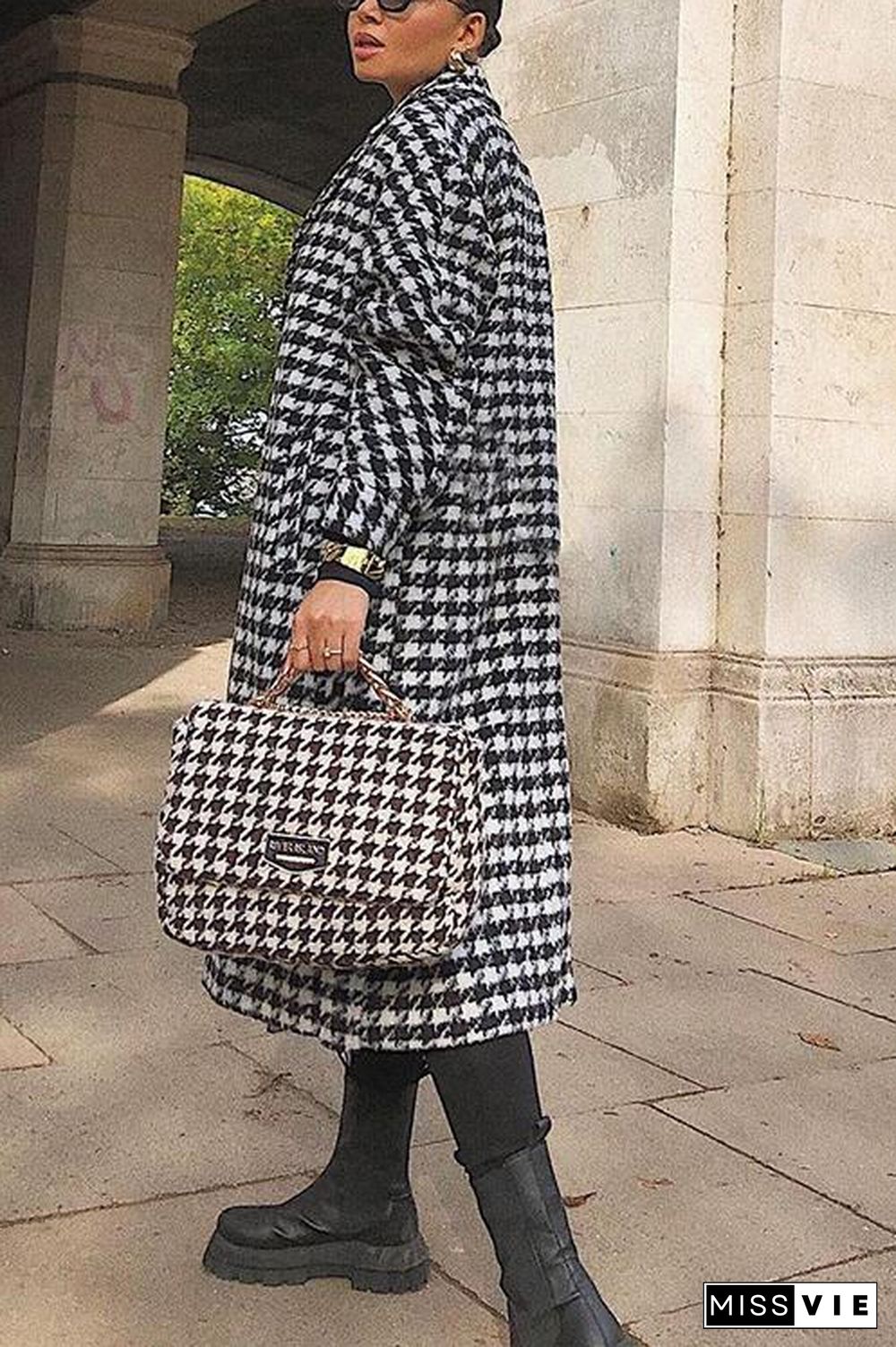 Houndstooth Lapel Woolen Coat