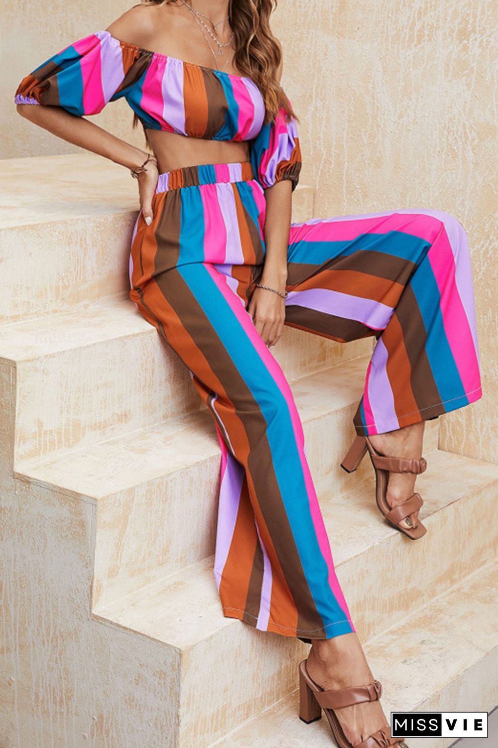 Multicolor Striped Crop Top And Long Pants Set Wholesale