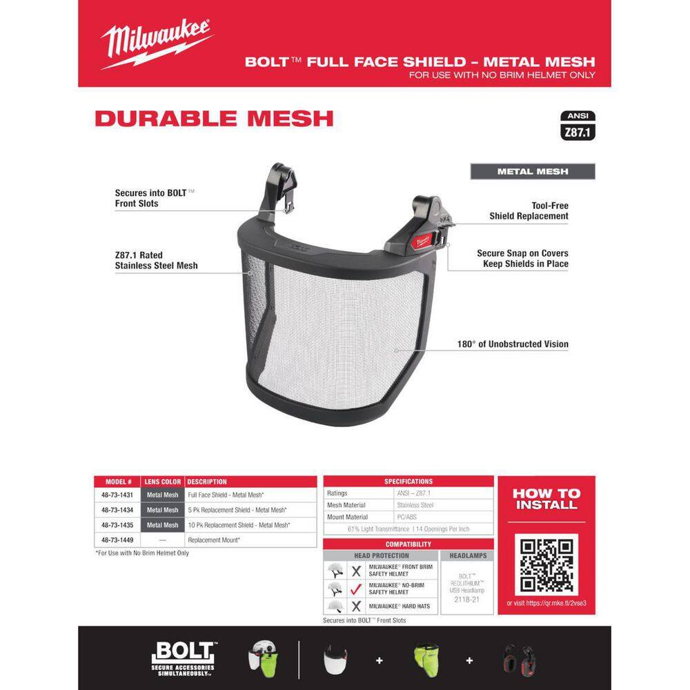 MW BOLT Full Face Metal Mesh Shield (No-brim Helmet Only Mount) (5-Pack) 48-73-1434