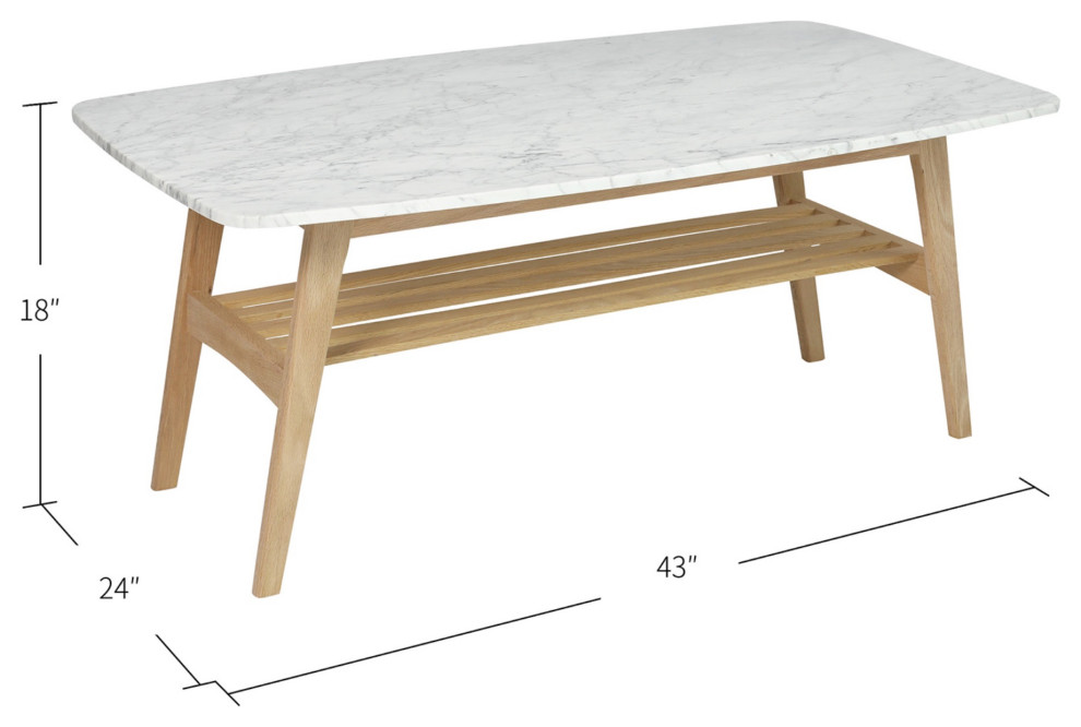 Laura 43 quotRectangular Italian Carrara White Marble Coffee Table With Oak Shelf   Transitional   Coffee Tables   by Homesquare  Houzz