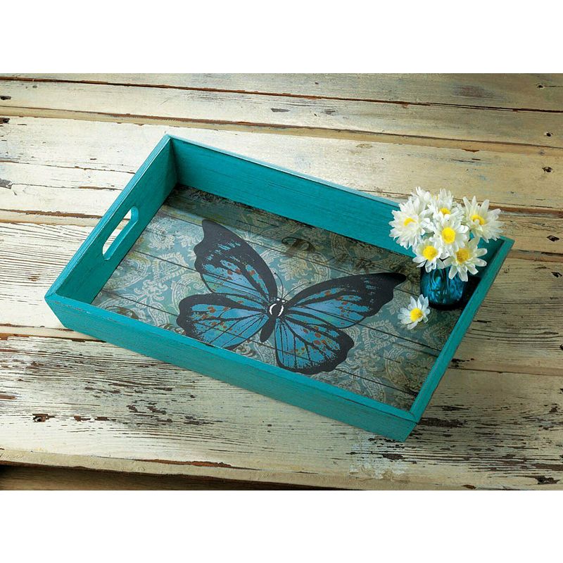 Blue Butterfly Wood Serving Tray