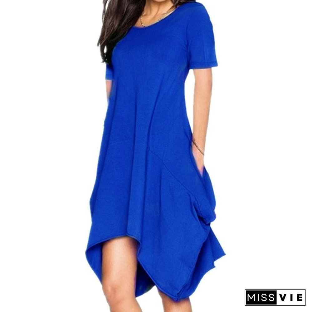 Summer Women's Fashion Solid Color Tunics Irregular T-Shirt Dresses Loose Casual O-Neck Chiffon Short Sleeves Dress Sexy Beach Dress Plus Size Pocket Dress Ruffles Party Mini Dress S-7Xl