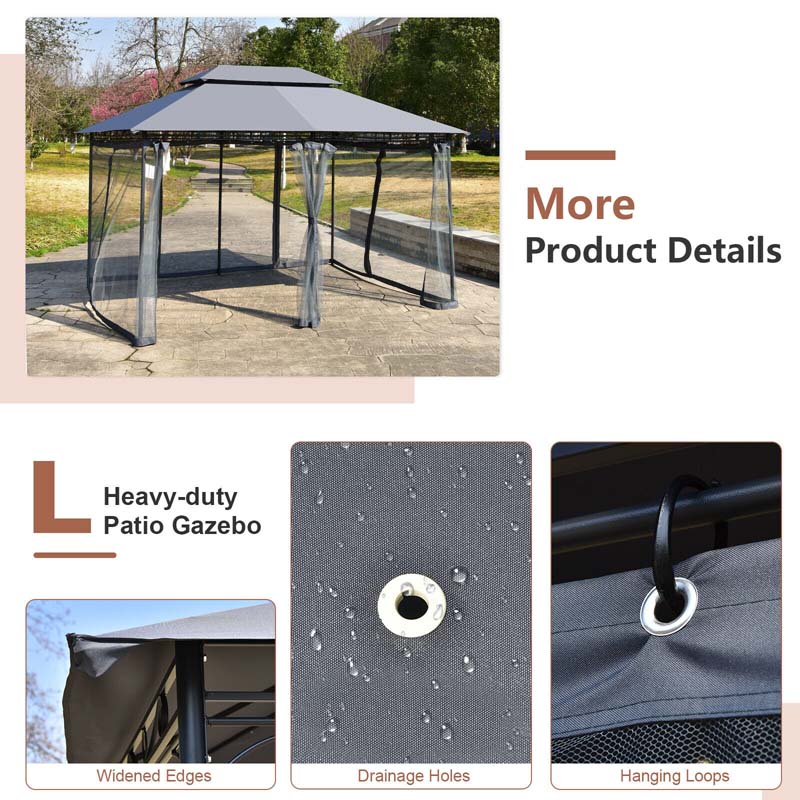 10 x 13 FT Steel Patio Gazebo with Mesh Curtains, 2 Tier Vented Roof Outdoor Canopy Gazebo Tent