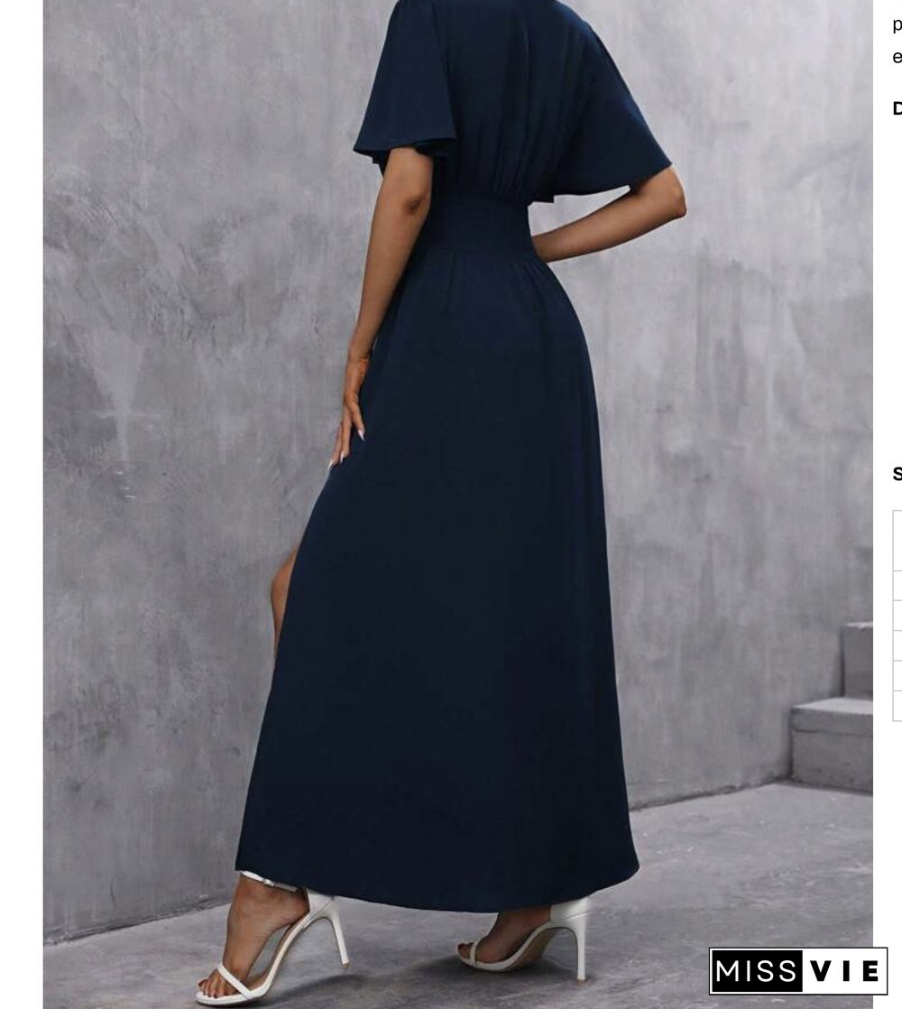 Blue Plain Short Sleeve Maxi Dress