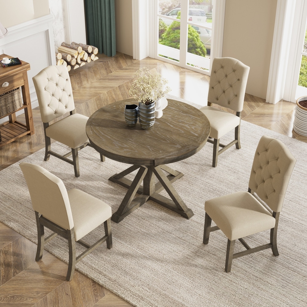 X Cross Leg Round Dining Table Set Wooden Extendable End Table with 4 Upholstered Chairs for Dining Room   Living Room Bistro