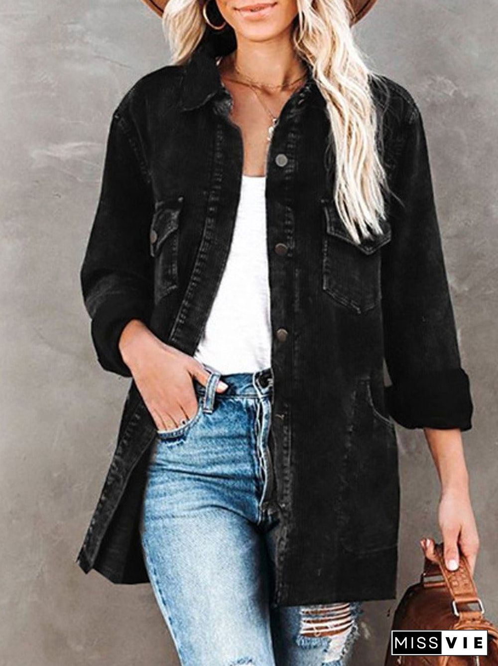 Casual Button And Pocket Corduroy Jacket Women