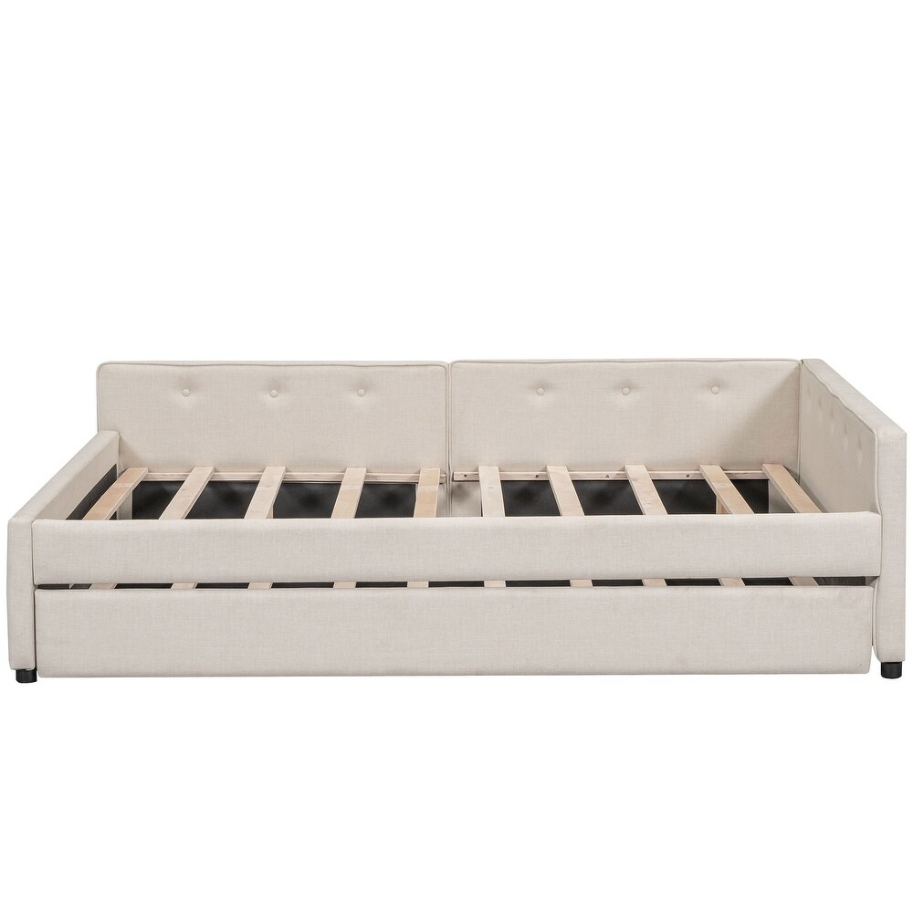 Wood Slat Support Daybed Button Decorated Linen Fabric Upholstered Platform Bed with USB Charge and Extendable Trundle Bed