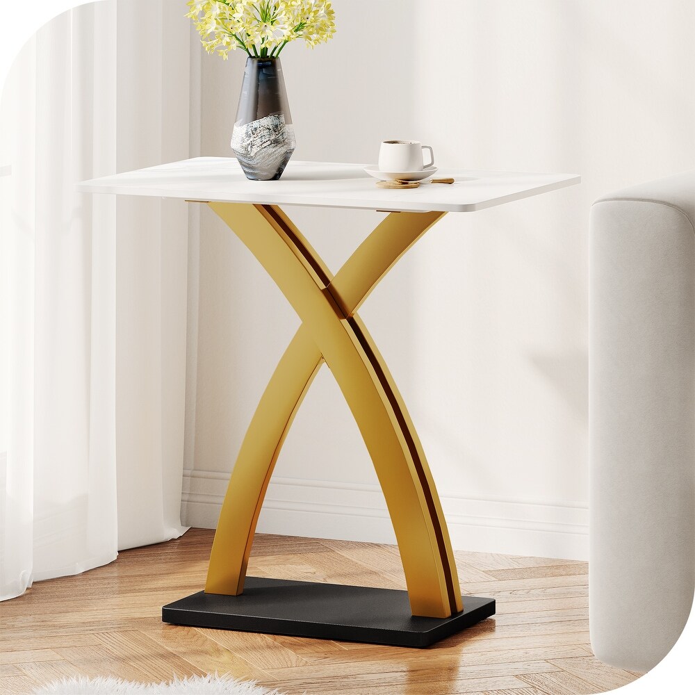 Modern Side Table with Slate Tabletop and Gold Carbon Steel Metal X Base