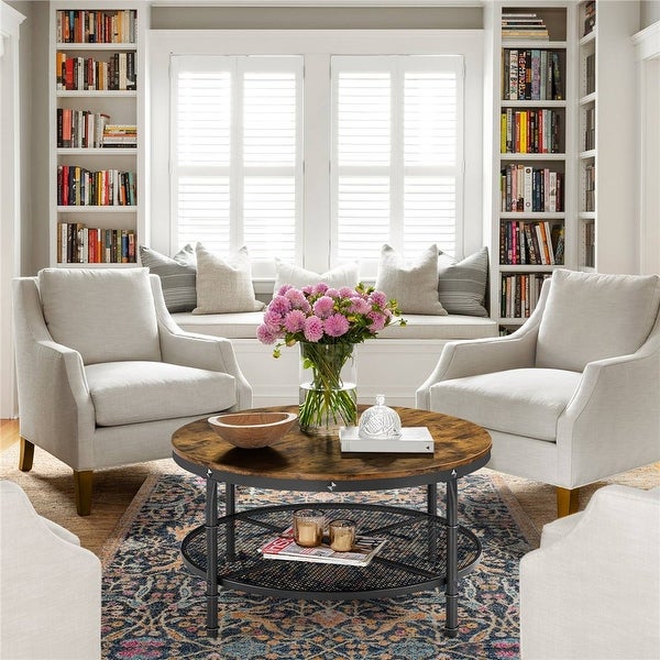 Round Metal Coffee Table with Storage Shelf， Rustic Brown