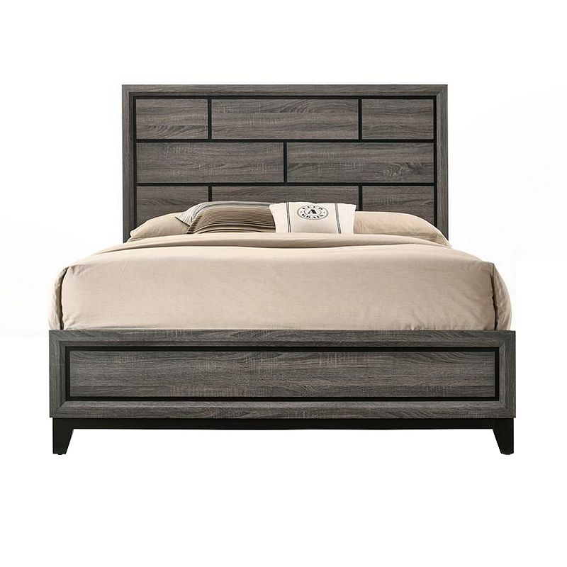 Transitional Style Wooden Queen Size Bed with Brick Elements Panel Headboard， Gray