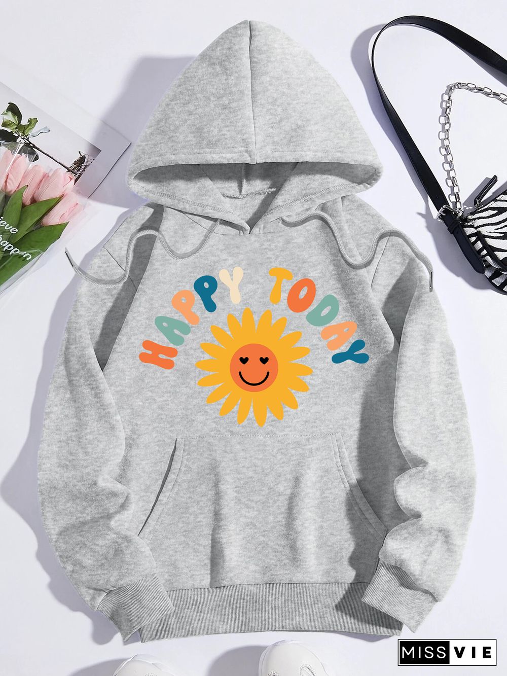 Printed on front Kangaroo Pocket Hoodie Long Sleeve for Women Pattern happy today