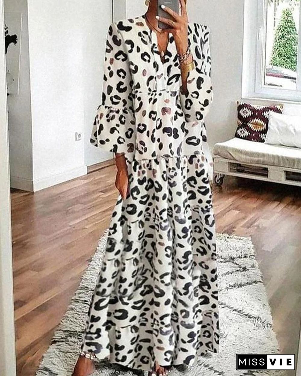 Women's Swing Dress Maxi long Dress 3/4 Length Sleeve Print Print Spring Summer Casual vacation dresses Flare Cuff Sleeve White Black S M L XL XXL 3XL