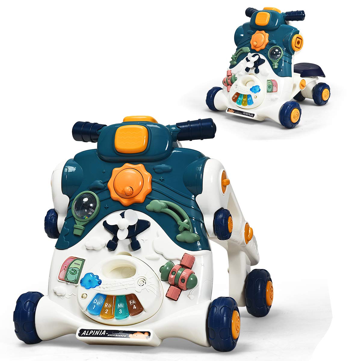 BABY JOY Sit-to-Stand Walker, 3 in 1 Baby Walker, Ride on Car, Game Panel