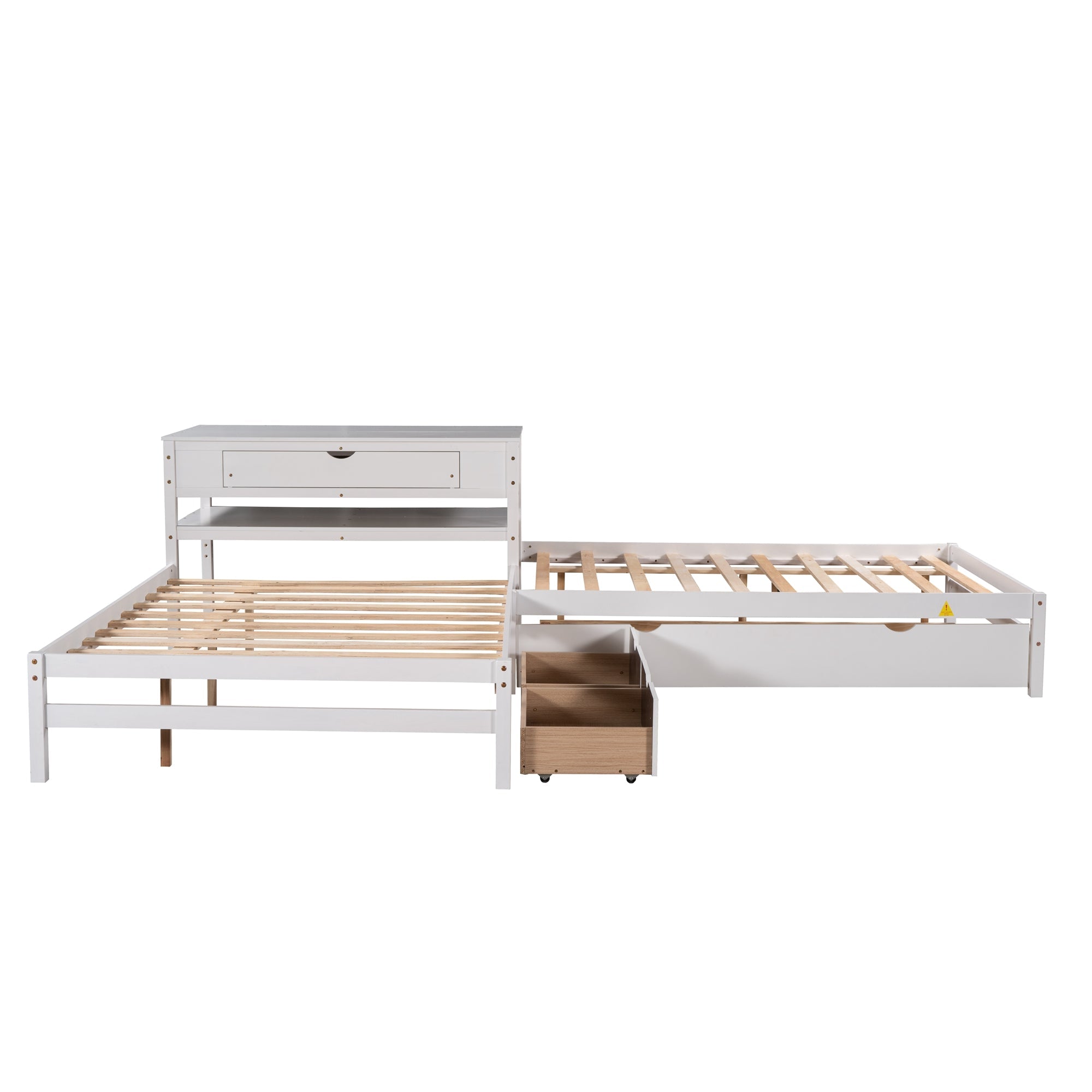 Full L-Shaped Platform Beds with Trundle, Drawers and Table for Kids Bedroom, White