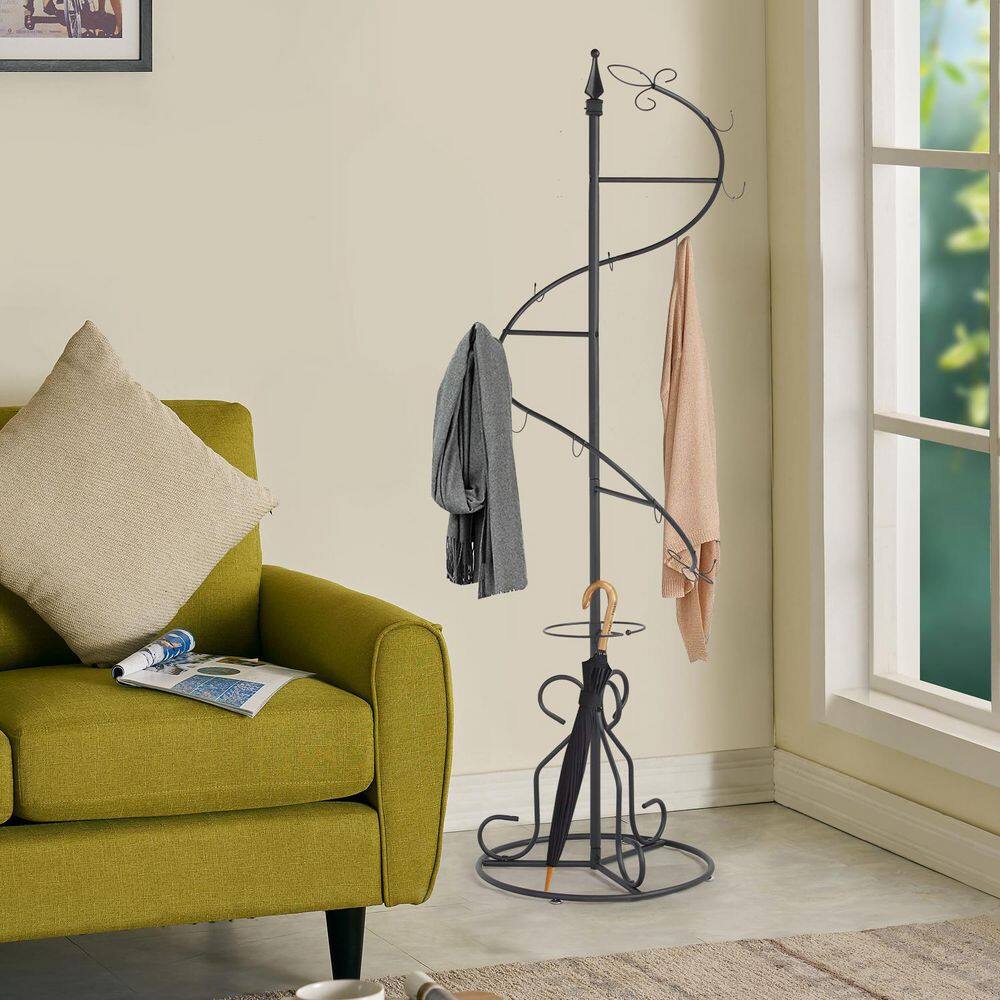 VECELO Spiral Coat Rack Hall Trees with Hooks and Umbrella Holder Premium Stylish Purse Holder 22.6 x 76.3 in.Black KHD-XF-CR05-BLK