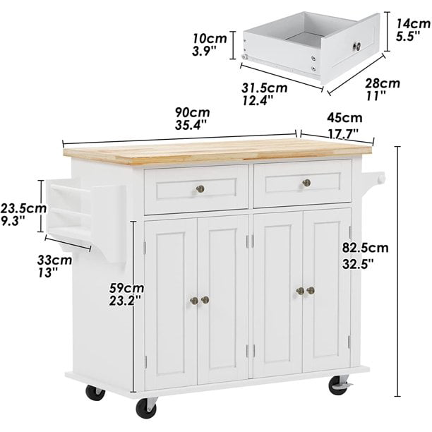 SogesPower Wood Kitchen Island Cart with Drawer， Spice Rack， Towel Bar， Butcher Block Top， Rolling Storage Cabinet Trolley White